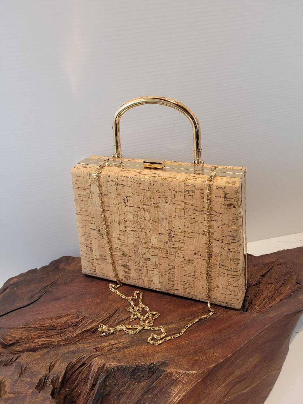 Cork Trapezoid Evening Bag with Top Handle and Chain Strap Gold Accents